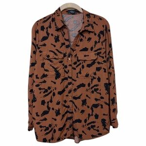 Milk & Honey Rayon Button Up Roll-Tab Sleeve Top Brown & Black Size Large